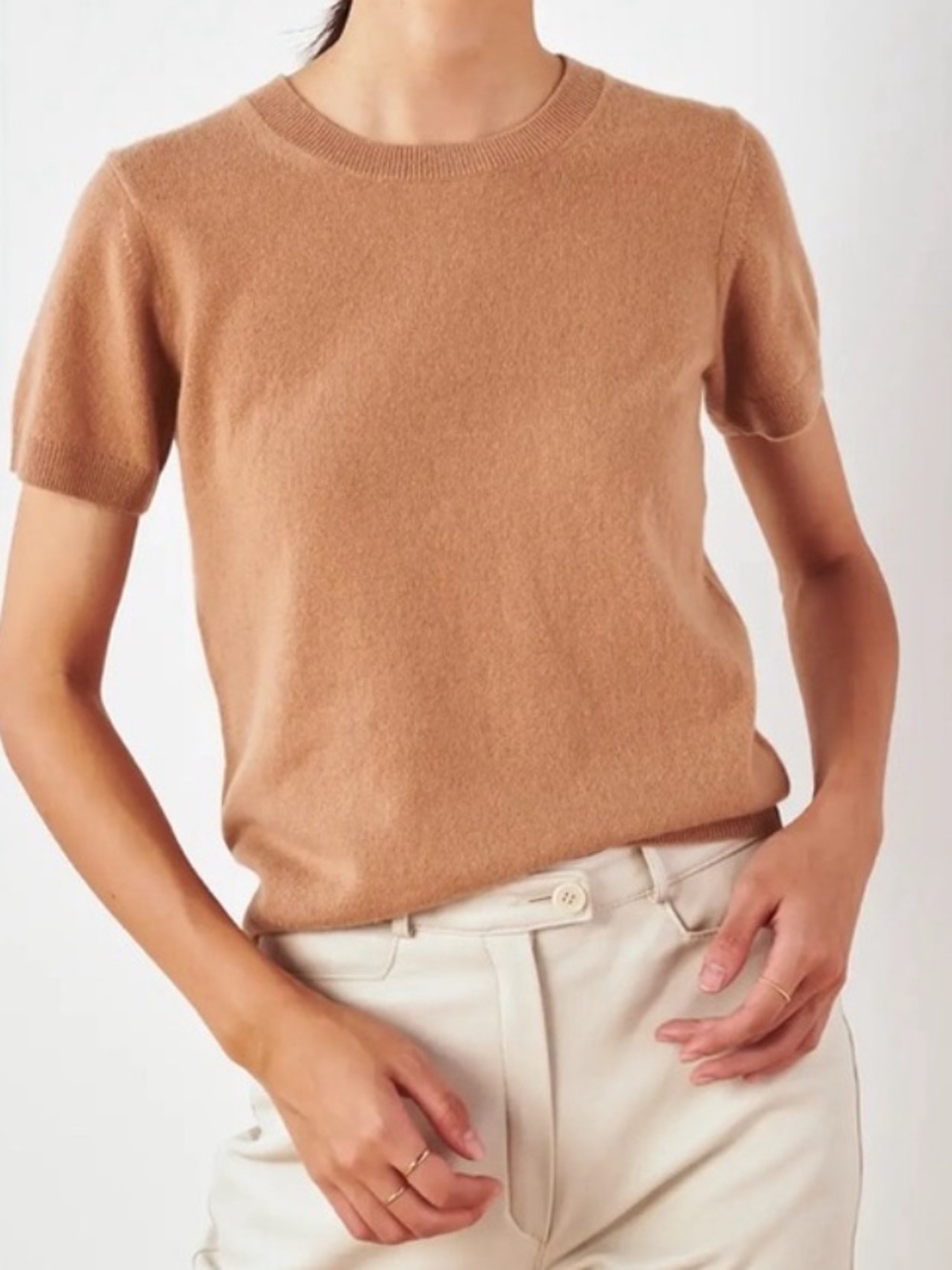 XS Quince Camel Short-Sleeve Crewneck Sweater